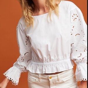Anthropologie Maeve White Embroidered Marigot Poppy Poplin Flutter Blouse